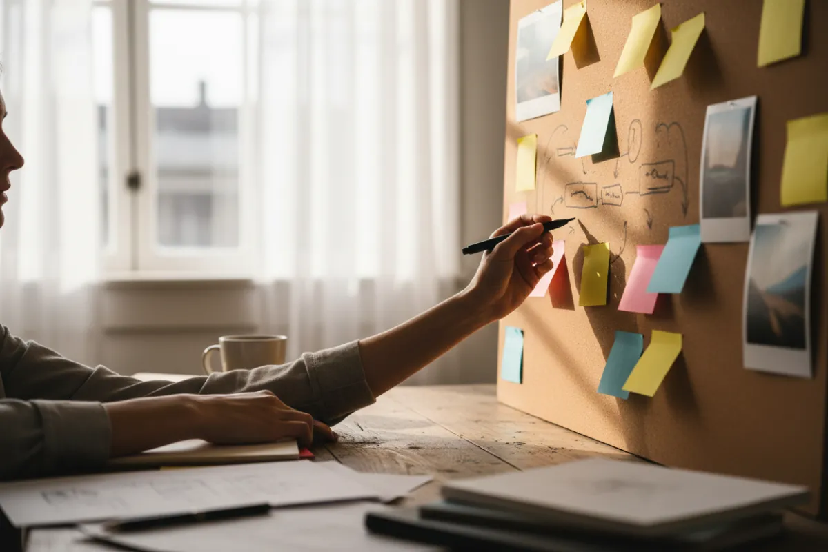 3:2 lifestyle photo of a creative freelancer sketching campaign ideas with sticky notes on a cork wall