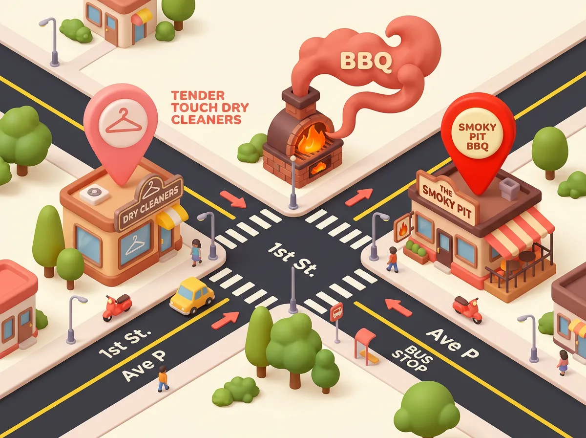 Stylized neighborhood landmark map of 1st and Avenue P BBQ location