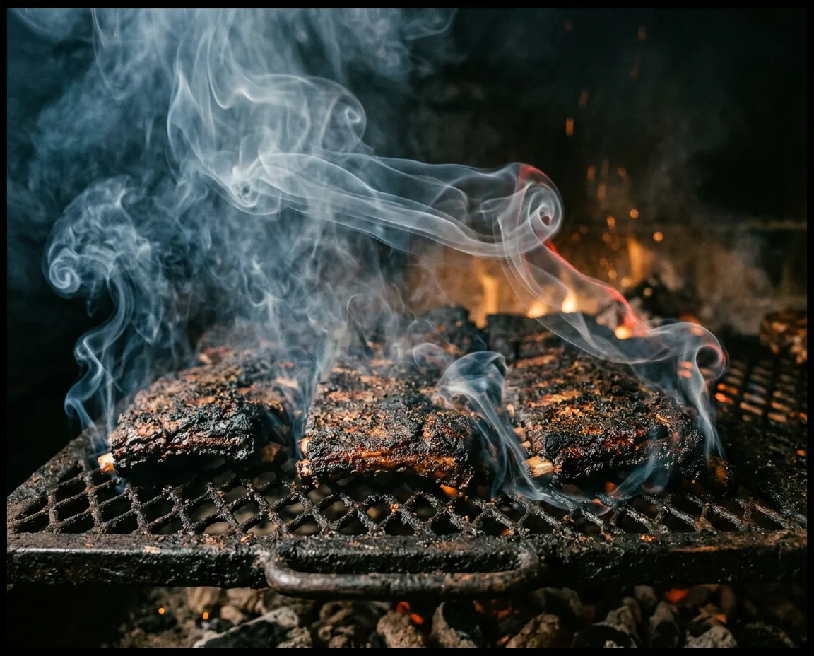 Thick clean blue smoke rolling from an offset steel smokehouse exhaust stack
