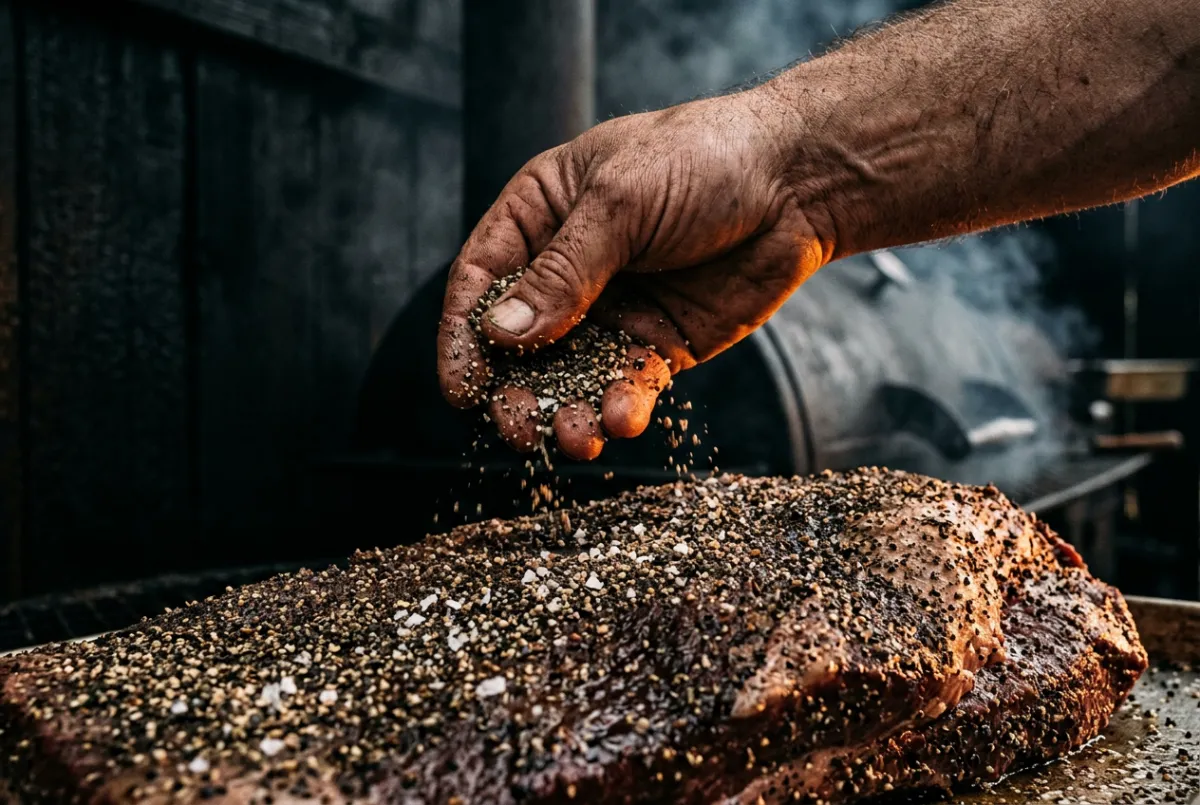 Pitmaster hand seasoning prime brisket with coarse cracked black pepper and kosher salt