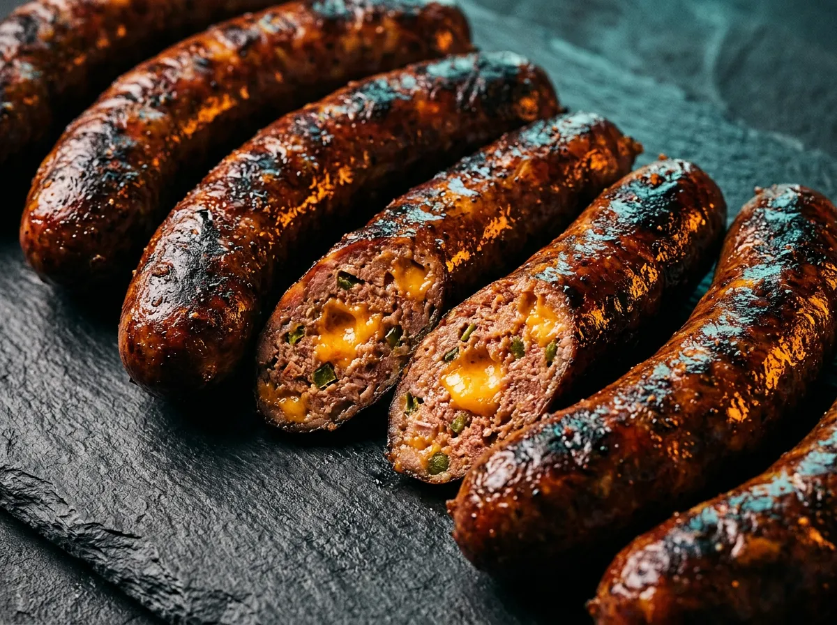 Smoked Jalapeno Cheddar Sausage links with crispy natural casing snap