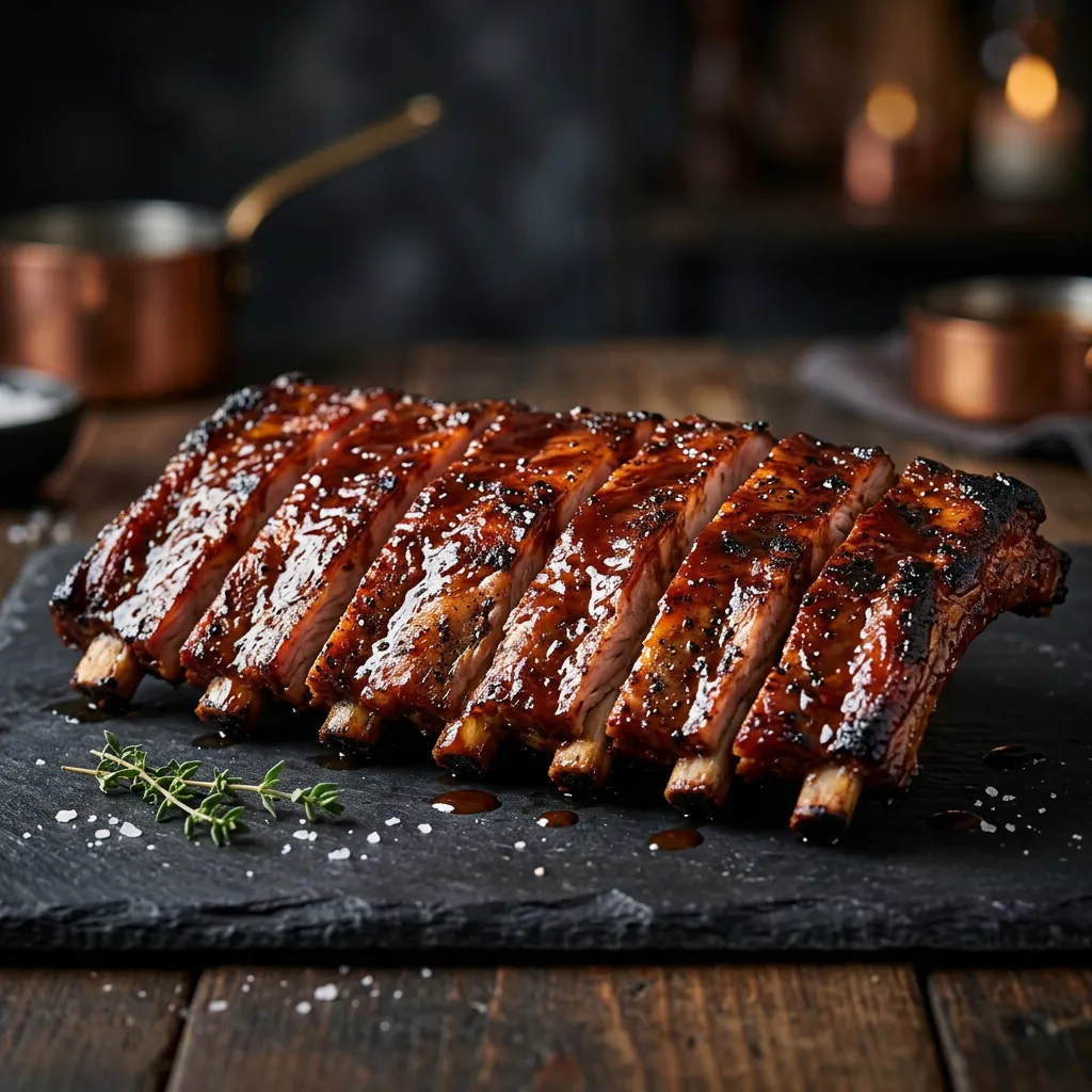 Full Rack of glazed St. Louis Style Pork Ribs cut into tender ribs with mahogany char