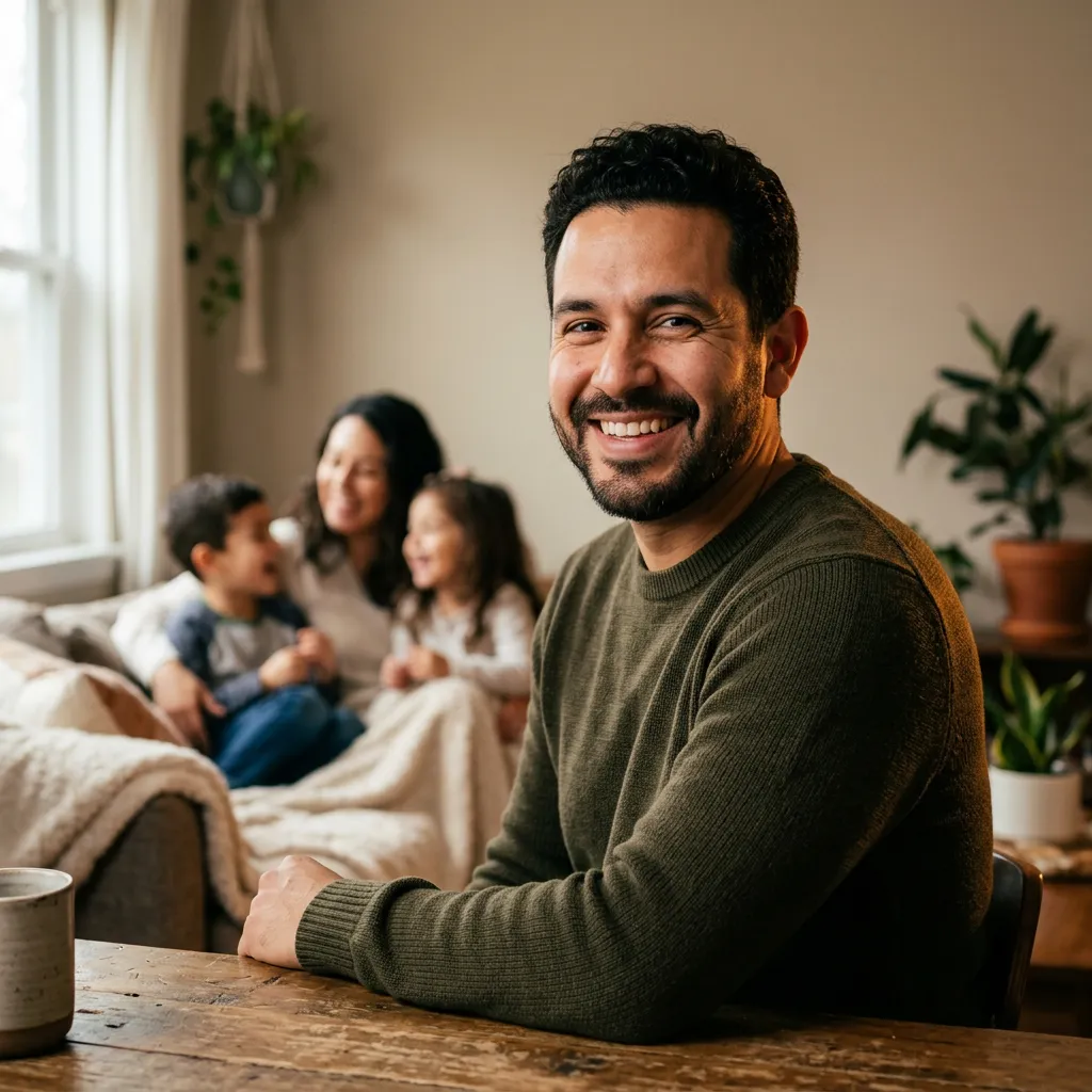 Marcus T. with his family smiling at home