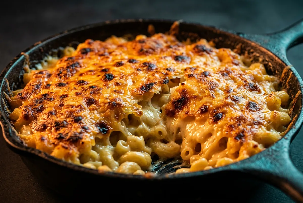 Macro close-up of gooey four-cheese smoked mac and cheese with toasted golden crust