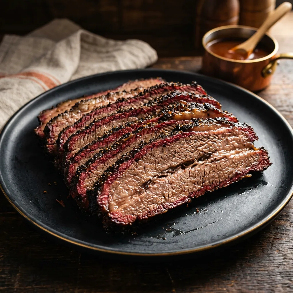 Juicy slices of 1/2 LB Prime Brisket with black pepper bark and deep red smoke ring