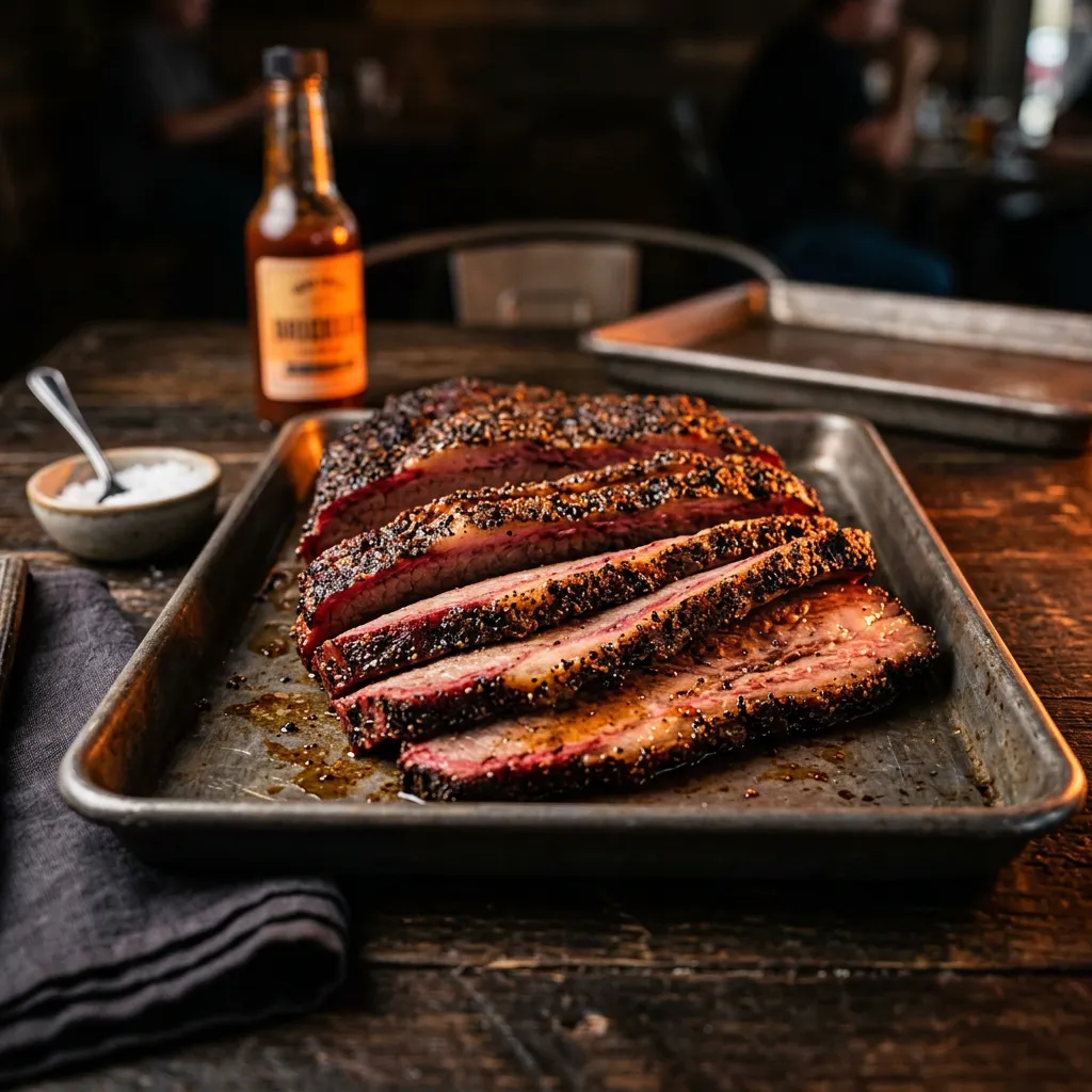 Close-up of freshly sliced 1/2 LB Prime Brisket with deep pepper bark and smoke ring