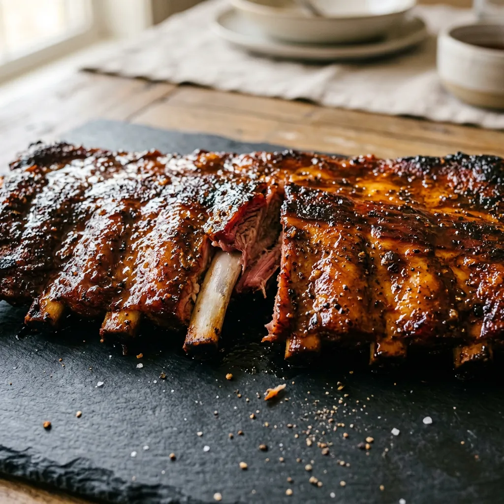 Close-up of glazed Full Rack St. Louis Ribs with mahogany crust and clean bone pull