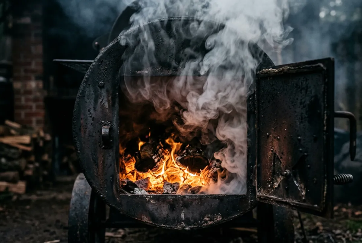 Offset smoker chamber filled with rolling thin blue oak smoke and glowing wood embers