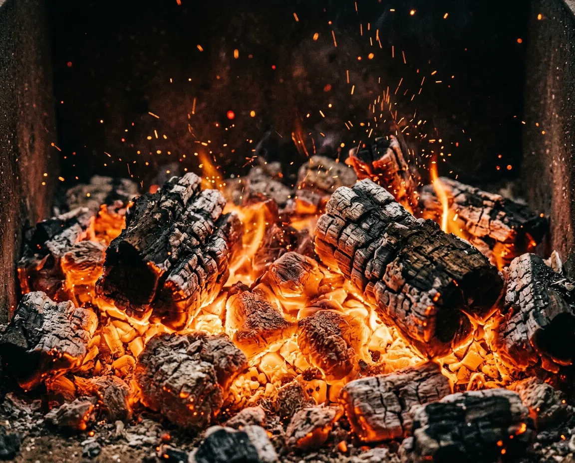 Close-up of glowing orange post oak wood embers and firebed in the smoker firebox