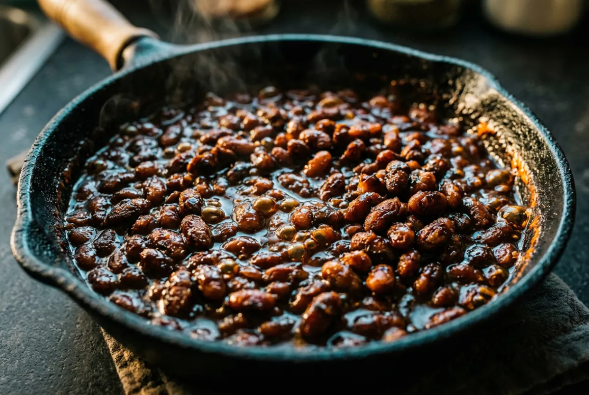 Macro close-up of thick brown sugar baked beans bubbling in cast iron with smoked glaze