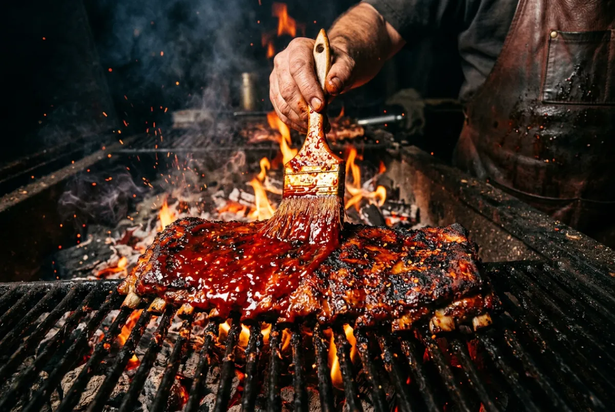 Tangy vinegar-pepper mop sauce being brushed across sizzling ribs inside the pit
