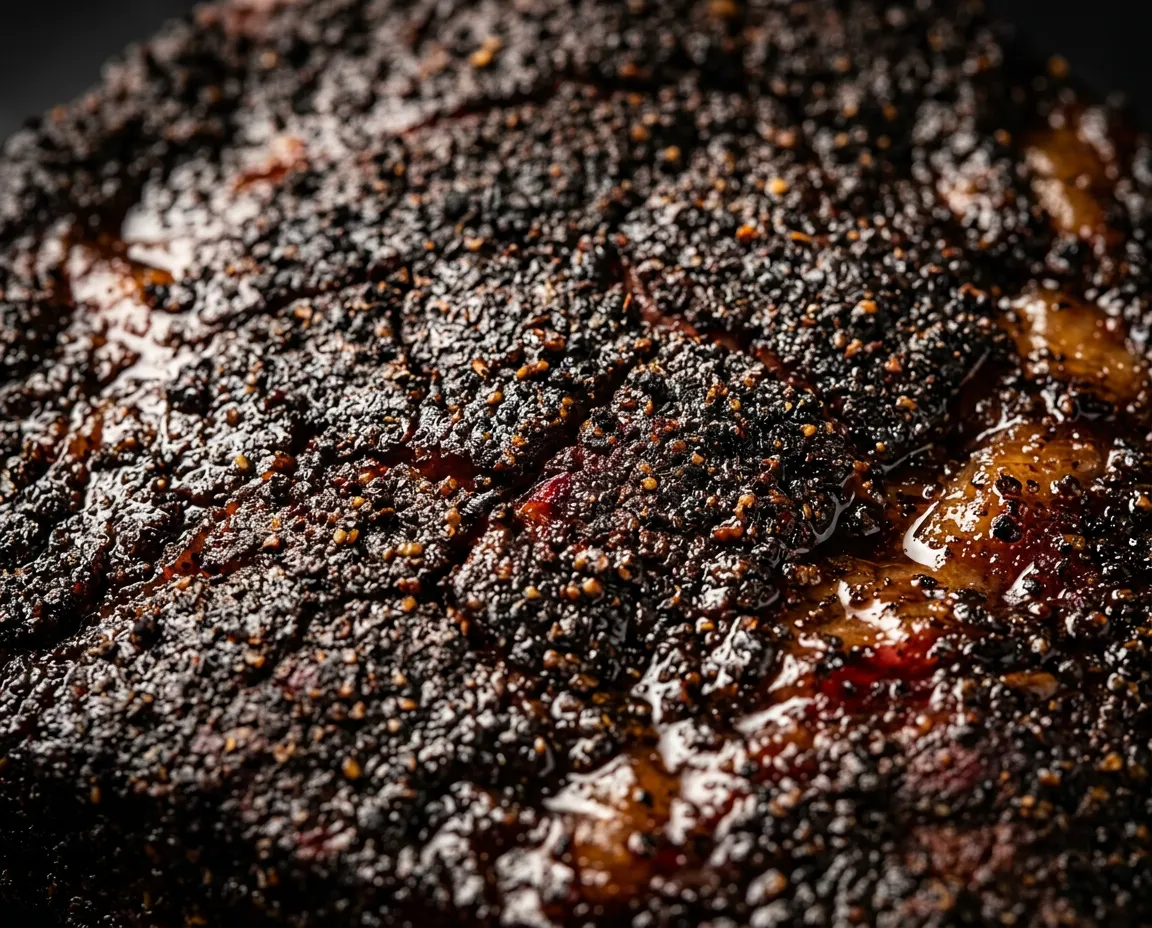 Macro photography of dark mahogany brisket bark with coarse black pepper crunch