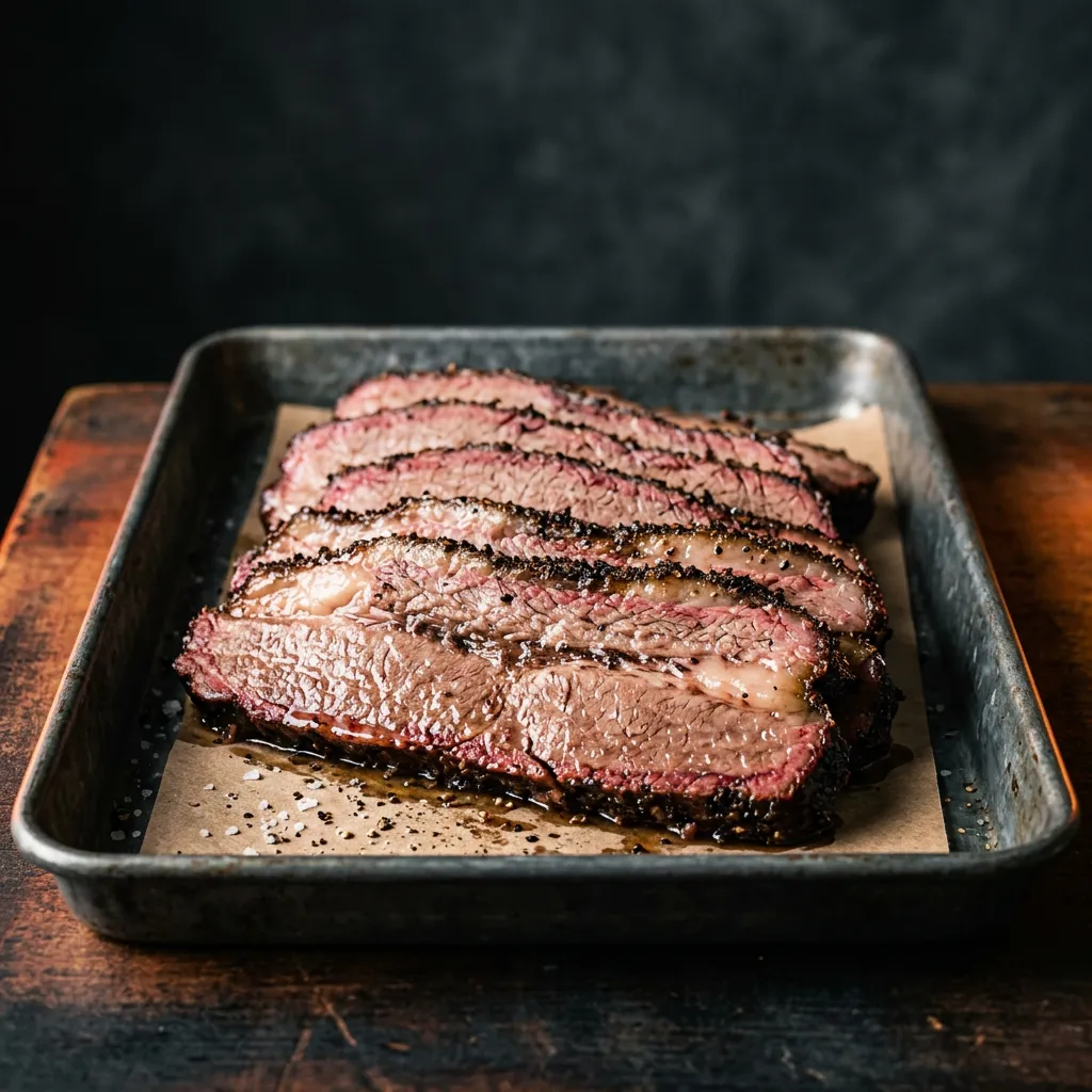 Juicy 1/2 LB Prime Brisket sliced with thick bark and rich smoke ring