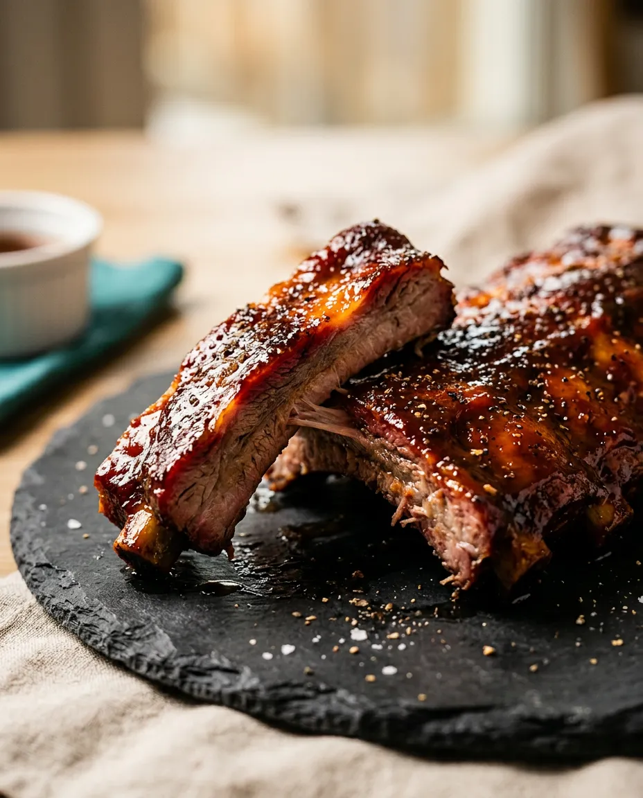 Signature Rib Plate with deep mahogany smoke ring, caramelized glaze, and tender meat falling off the bone