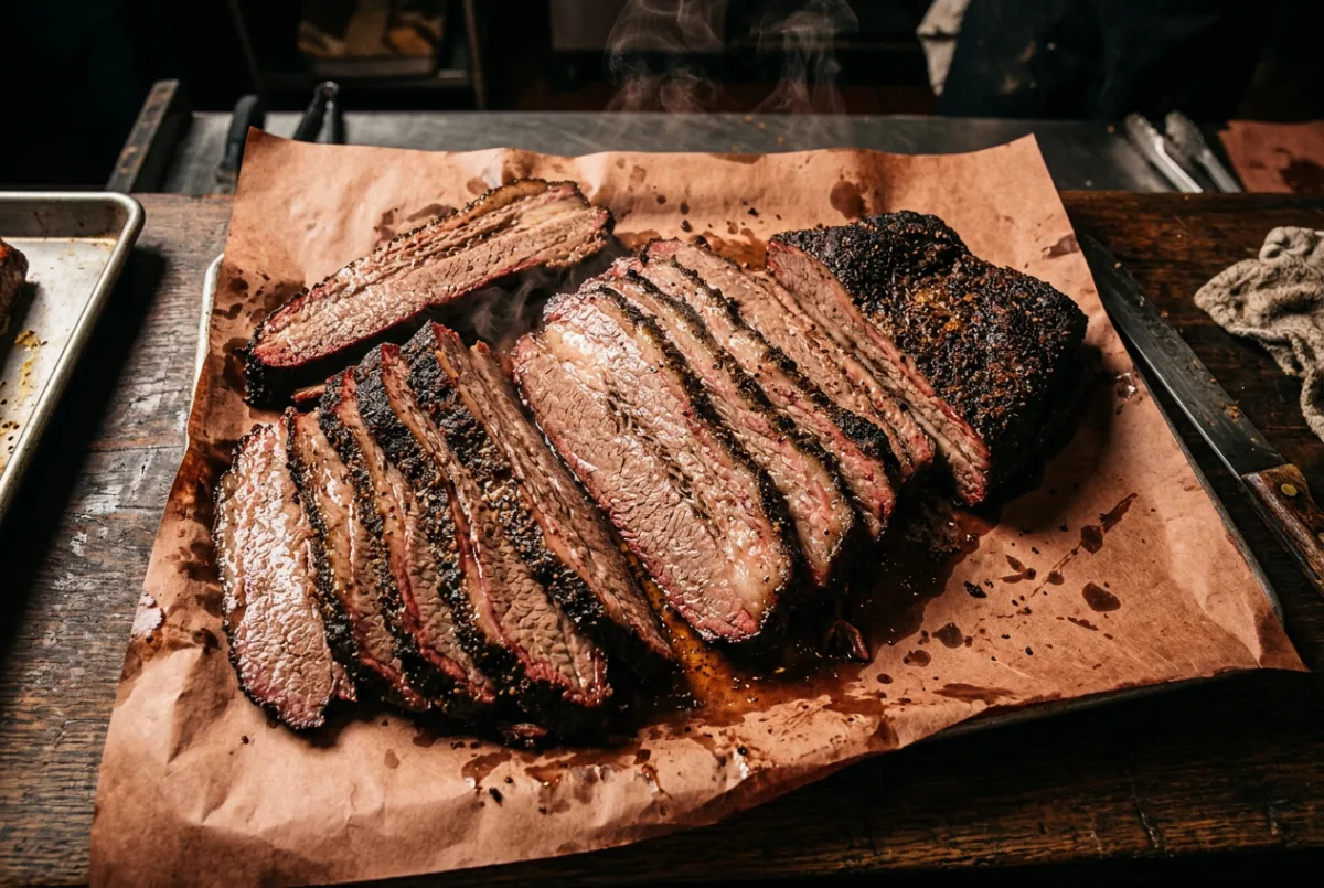 Thick juicy slices of smoked brisket carved on butcher block paper with steam rising