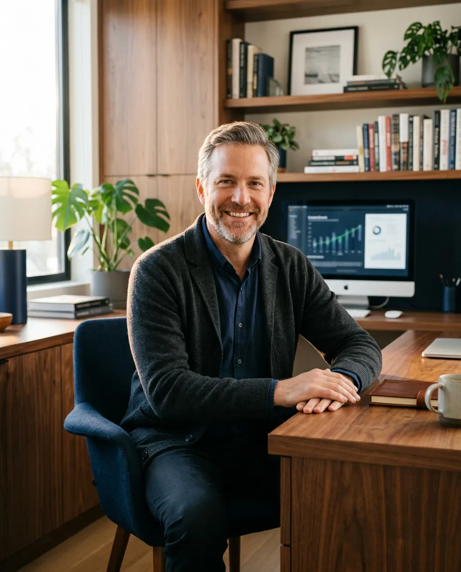 Mature professional man in thoughtful, energetic natural setting representing vitality and focus