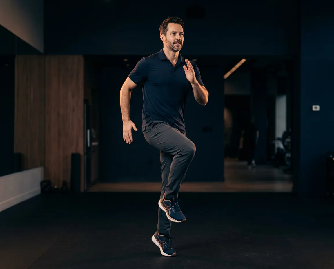 Active executive in casual attire focused on cardiovascular fitness and healthy living