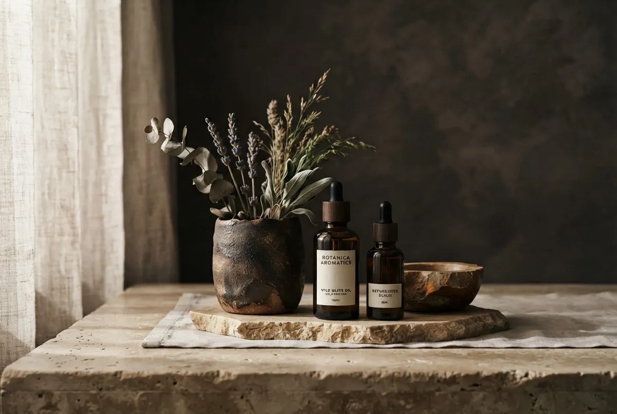 Serene botanical wellness space with natural stone vessels and soft morning light