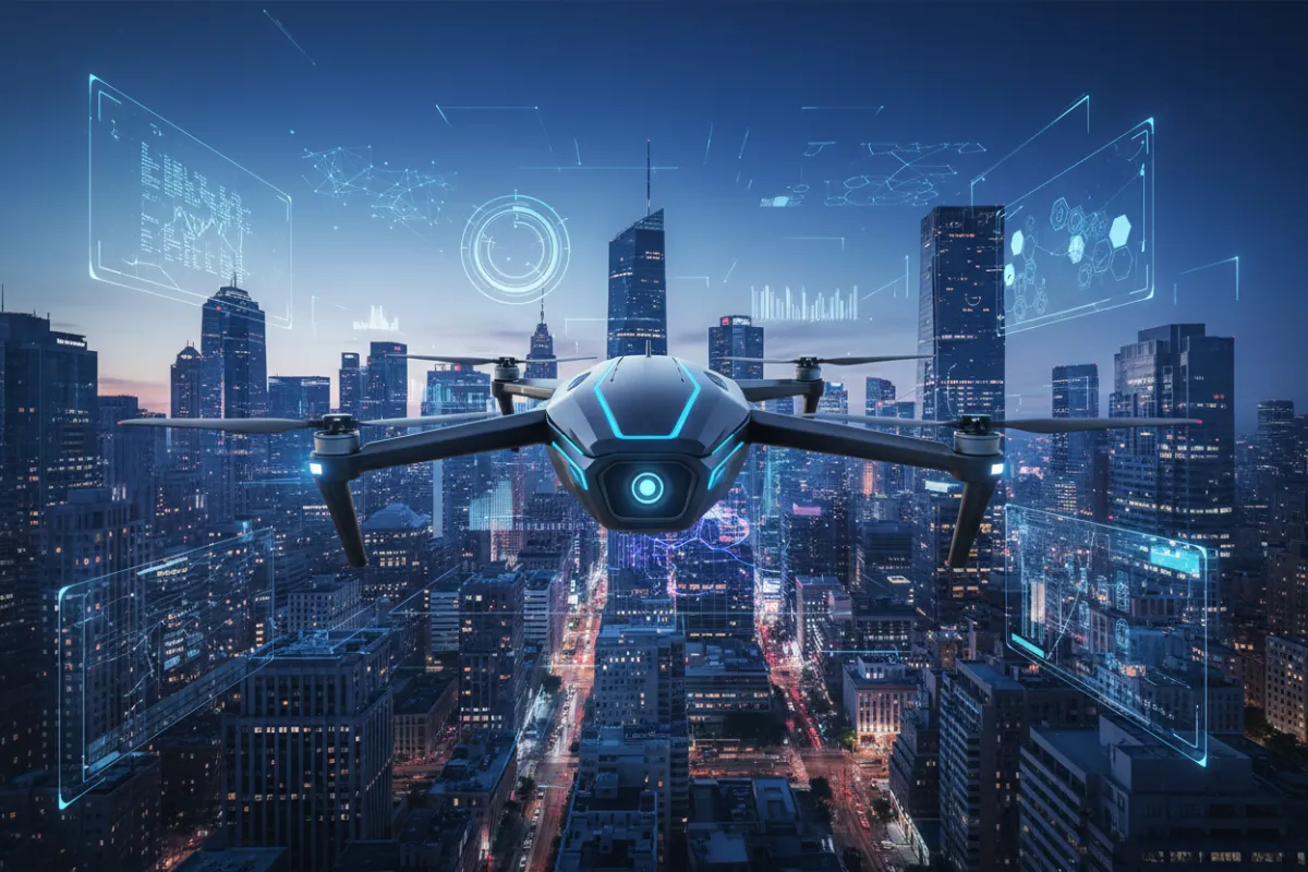 A modern drone in flight over a cityscape, with digital overlays and AI interface elements, blue gradient sky, professional, 3:2 aspect ratio