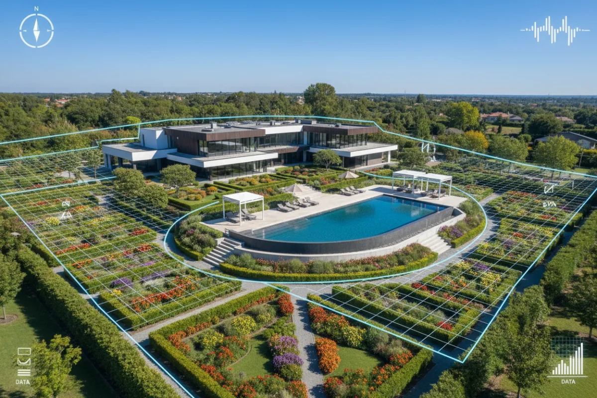 Aerial drone view of a luxury residential property with landscaped gardens, clear sky, and digital boundary overlays, 3:2 aspect ratio