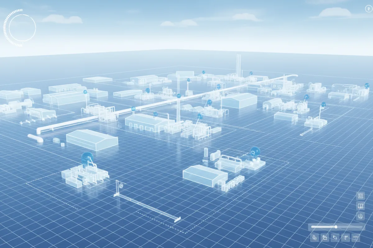 3D digital model of an industrial site, drone perspective, with interactive overlays and measurement tools, 3:2 aspect ratio