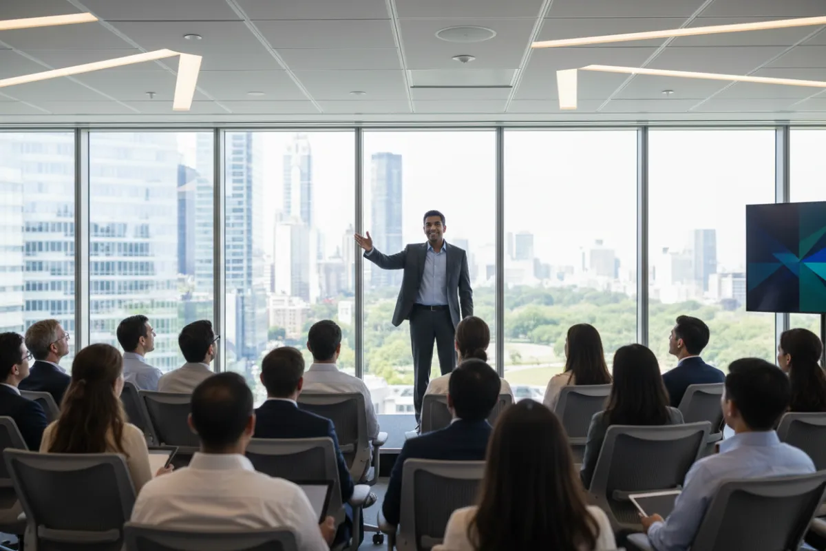 A diverse team collaborating around a table, sharing ideas, with laptops and notes, in a bright, modern workspace.