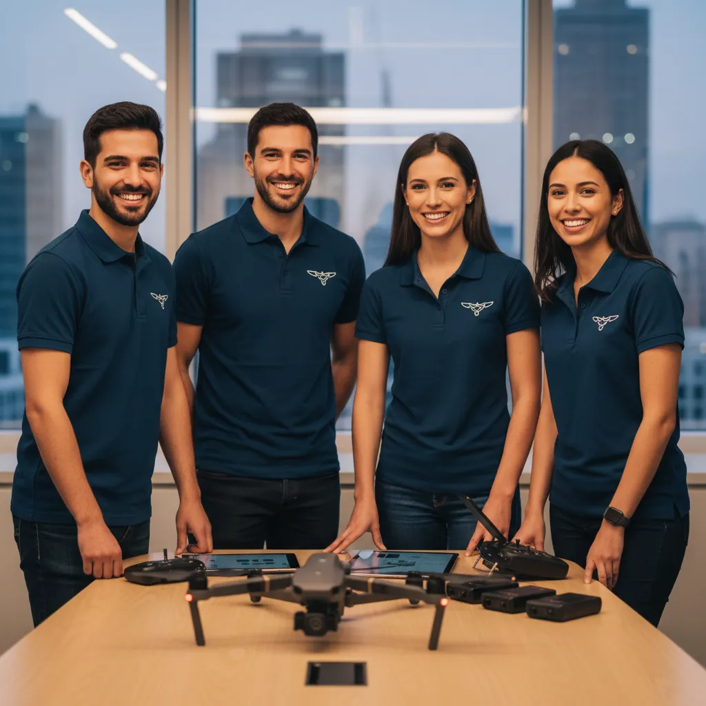 A diverse team of four drone specialists, two men and two women, standing in a modern workspace with drone equipment on the table. They are smiling, wearing branded shirts, and exude confidence and technical expertise.