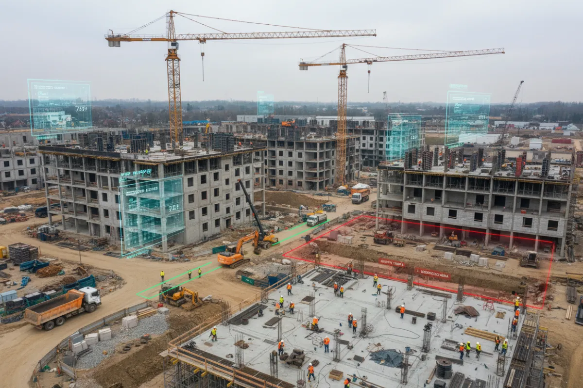 Drone captures a large construction site with cranes, workers, and digital progress overlays, overcast sky, 3:2 aspect ratio