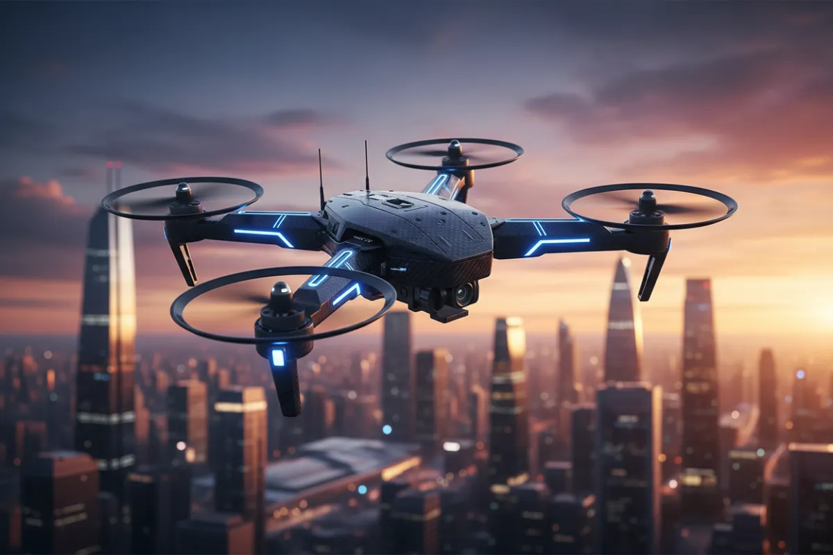 A high-tech quadcopter drone with sleek carbon fiber body, blue LED accents, and advanced camera, hovering above a cityscape at sunset, capturing panoramic views. The drone is in sharp focus, background softly blurred for depth.