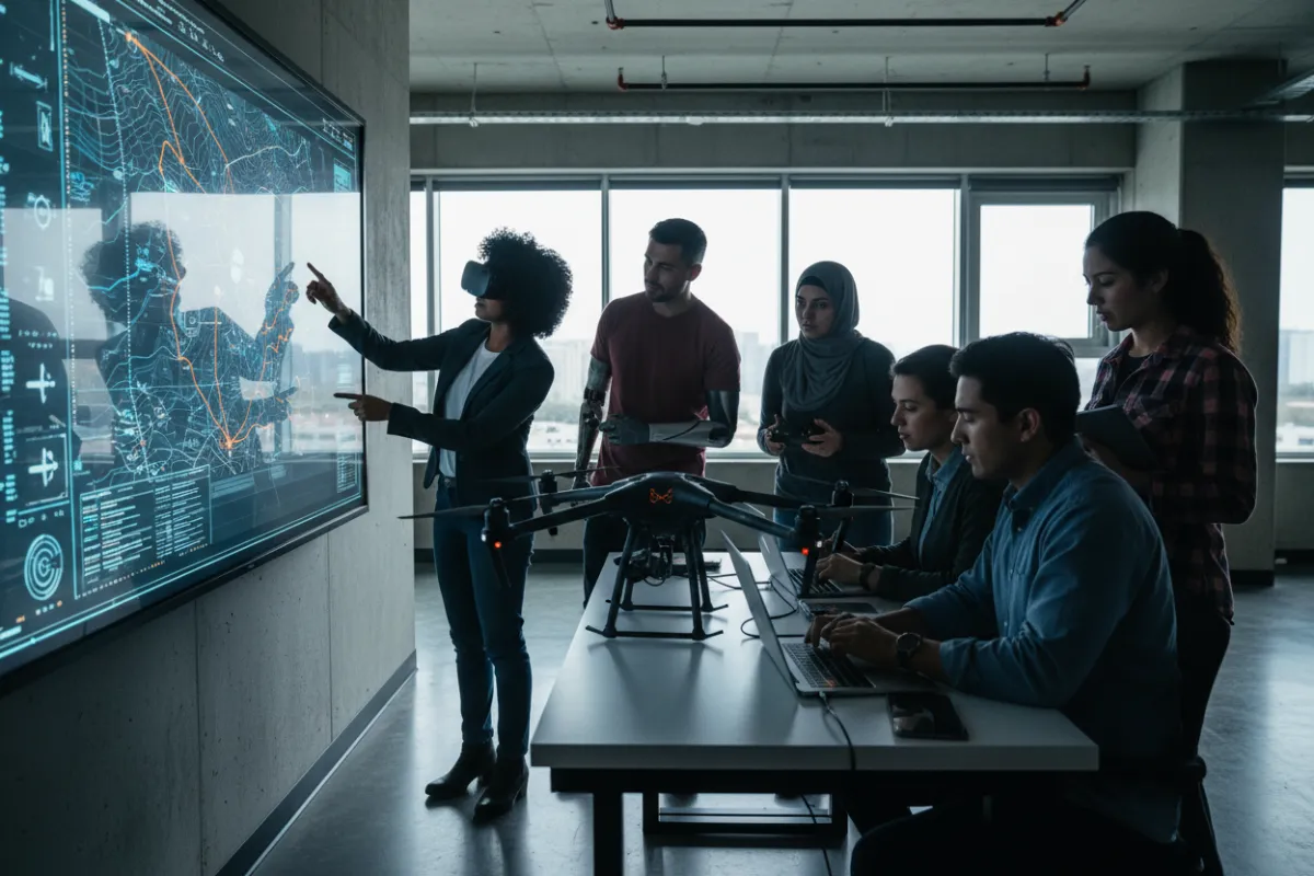 A diverse team of engineers and pilots collaborating around a drone and laptops in a modern workspace, with digital maps and data visualizations projected on a screen. The setting is bright, energetic, and high-tech, reflecting innovation and teamwork.