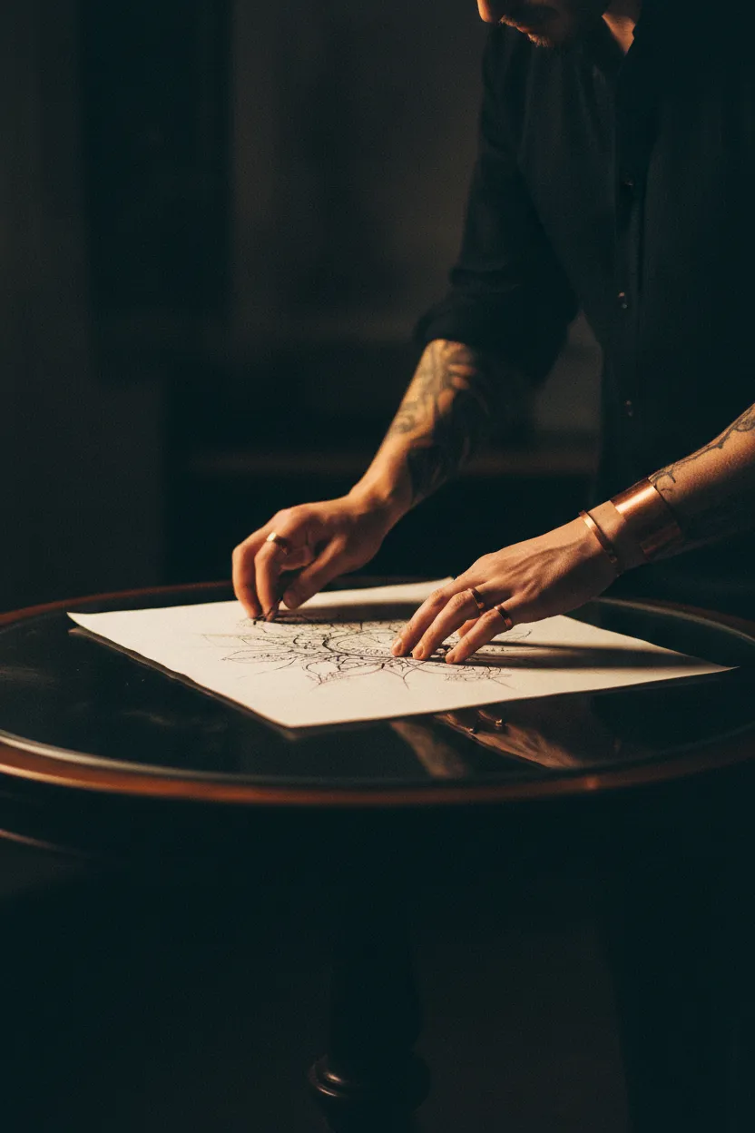 Artista interactuando intencionalmente con los diseños en el estudio