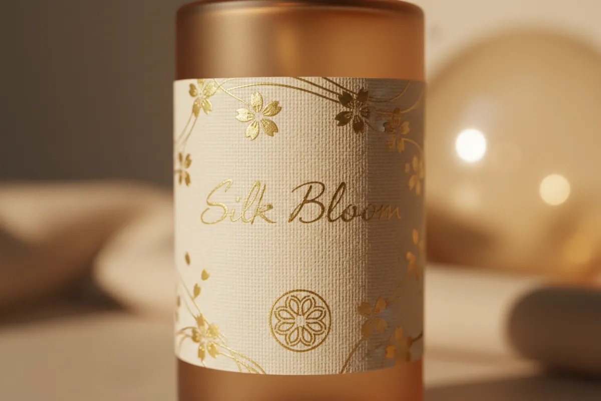 Detailed close-up of Silk Bloom packaging and label in warm studio lighting.