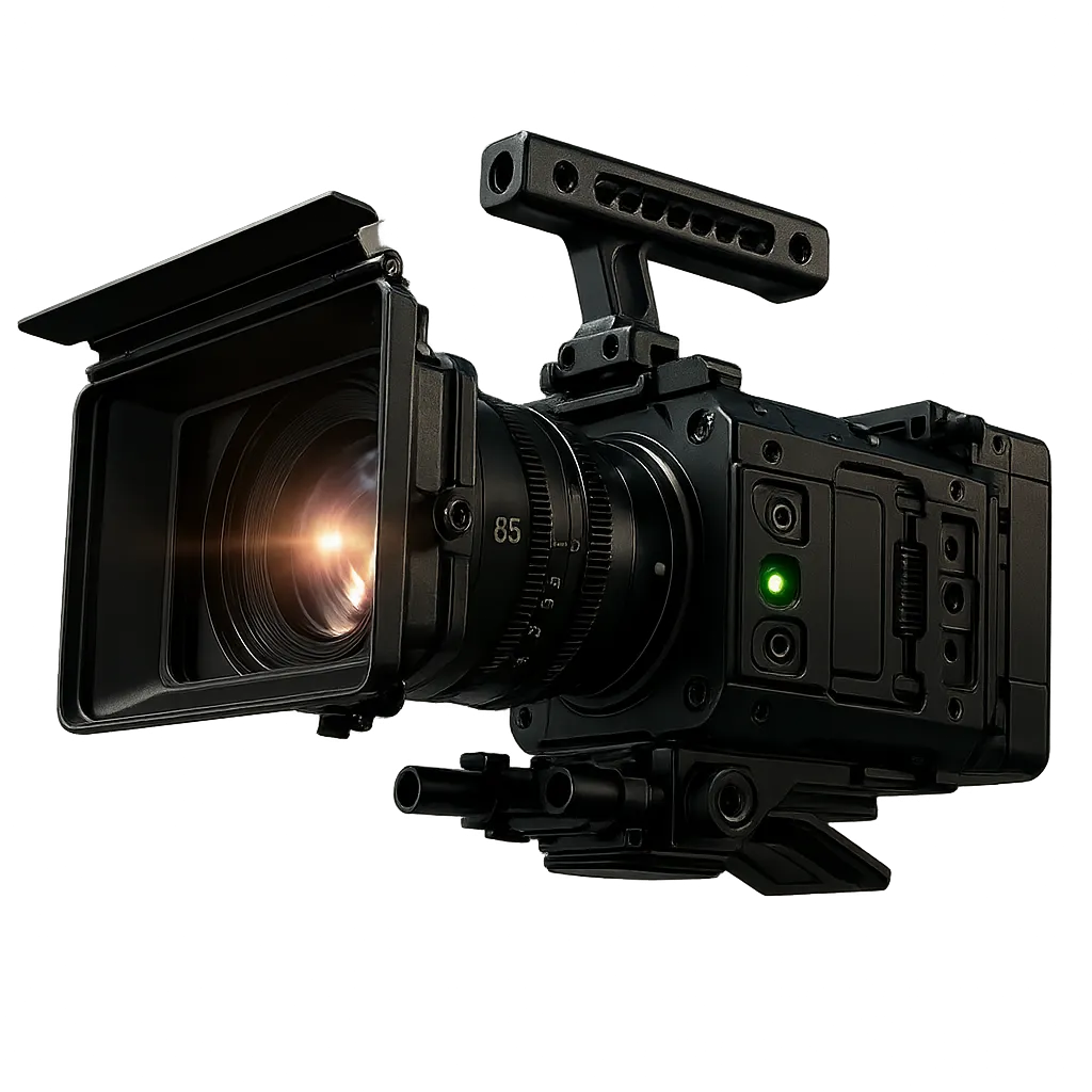 Cutout of a high-end cinema camera rig equipped with a professional cinema lens and monitor