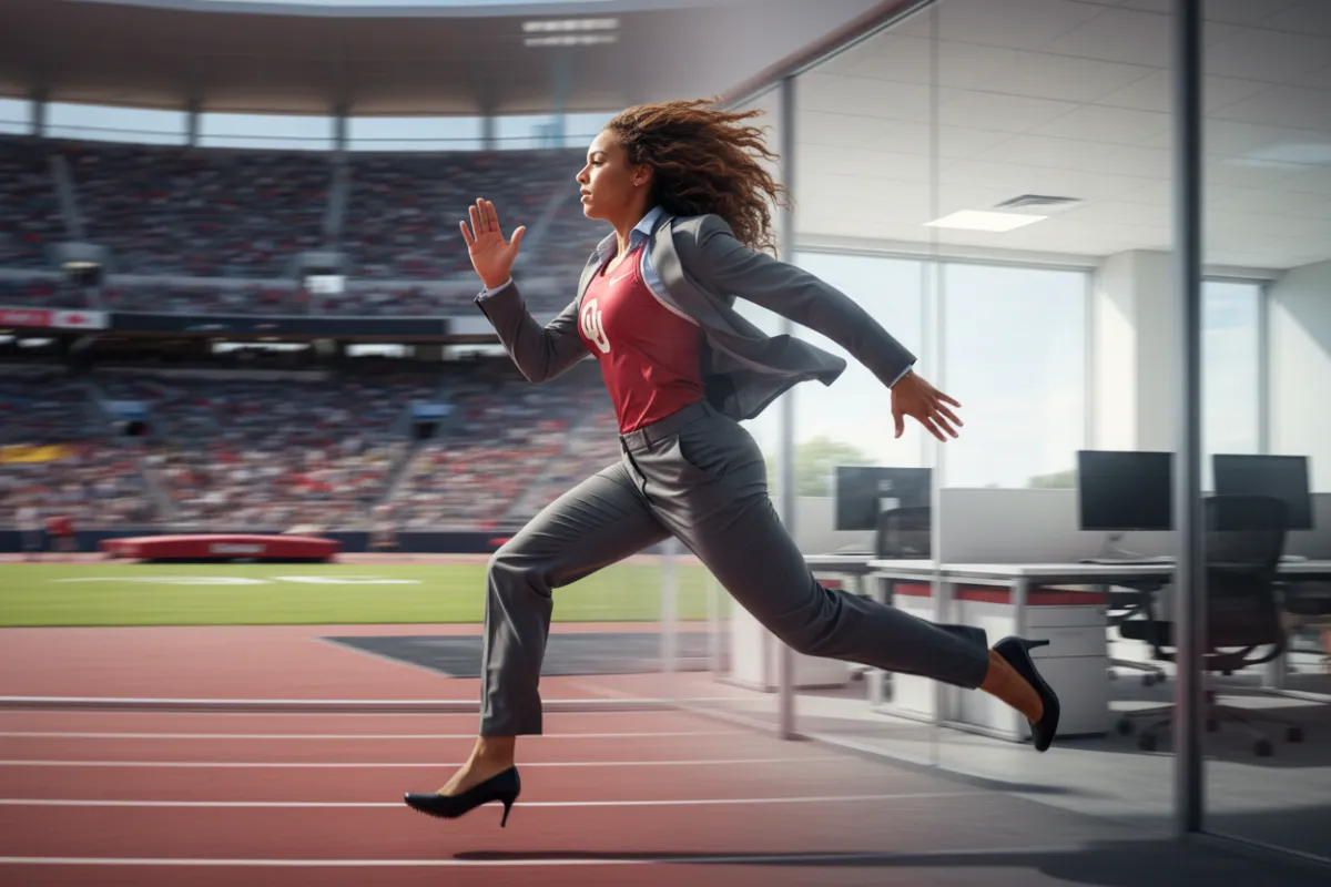 Photorealistic image of the same person hurdling into an office wearing a suit, illustrating an athlete running a business