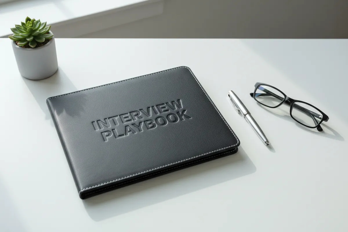 Sports-style leather 'Interview Playbook' placed on a modern white or light wood office desk/table