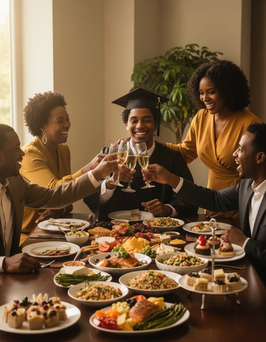 Backyard graduation celebration with catered food at dusk