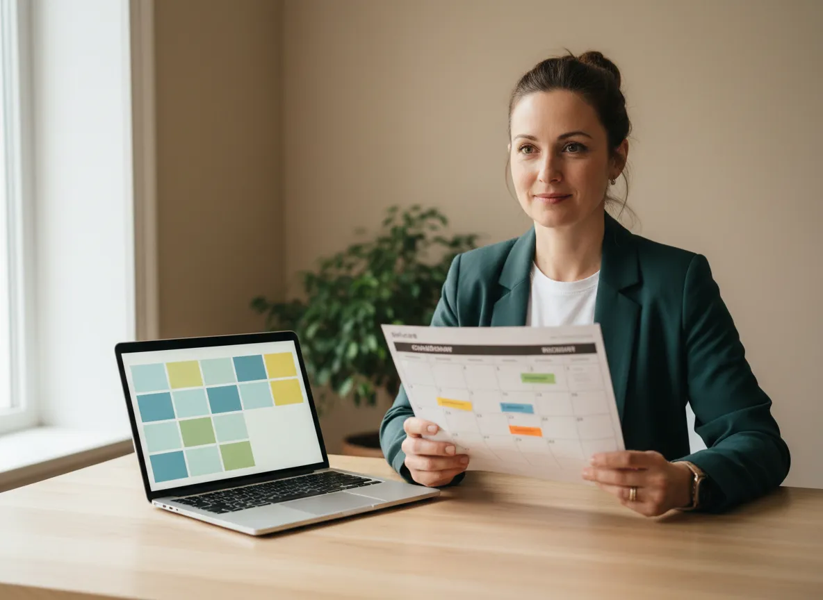 Small business owner reviewing tax calendar on a laptop with paperwork