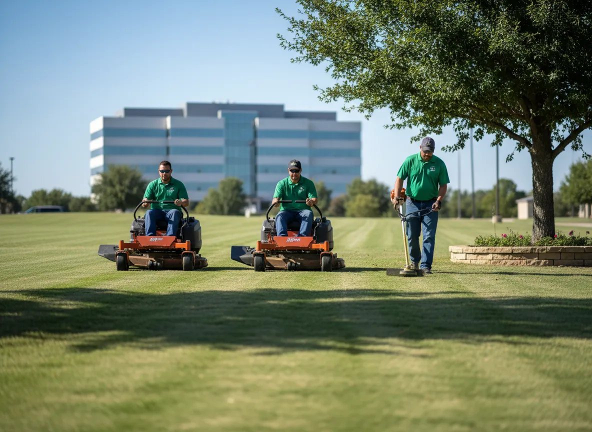 Landscaping services team working in yard