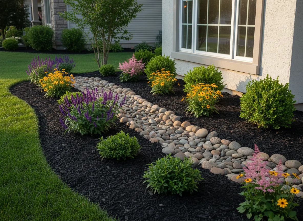 Landscaping with mulch, plants, and rock