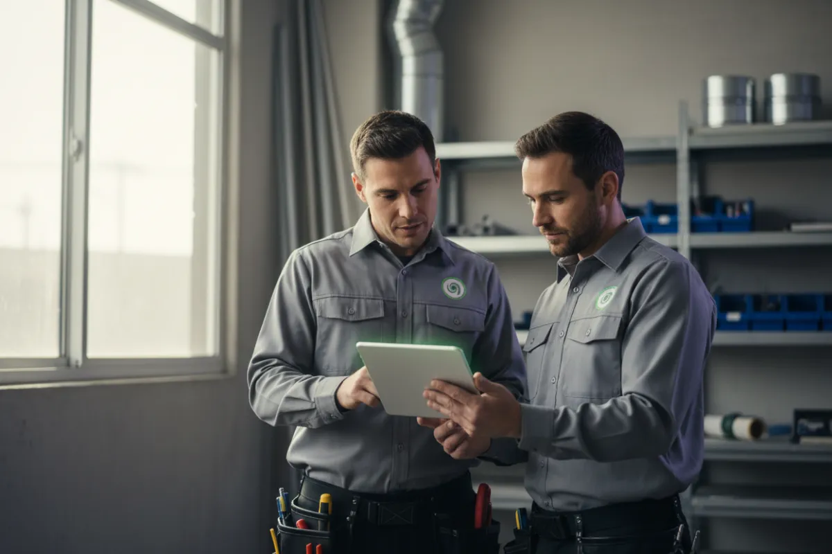 Electrician and HVAC professionals using tablet