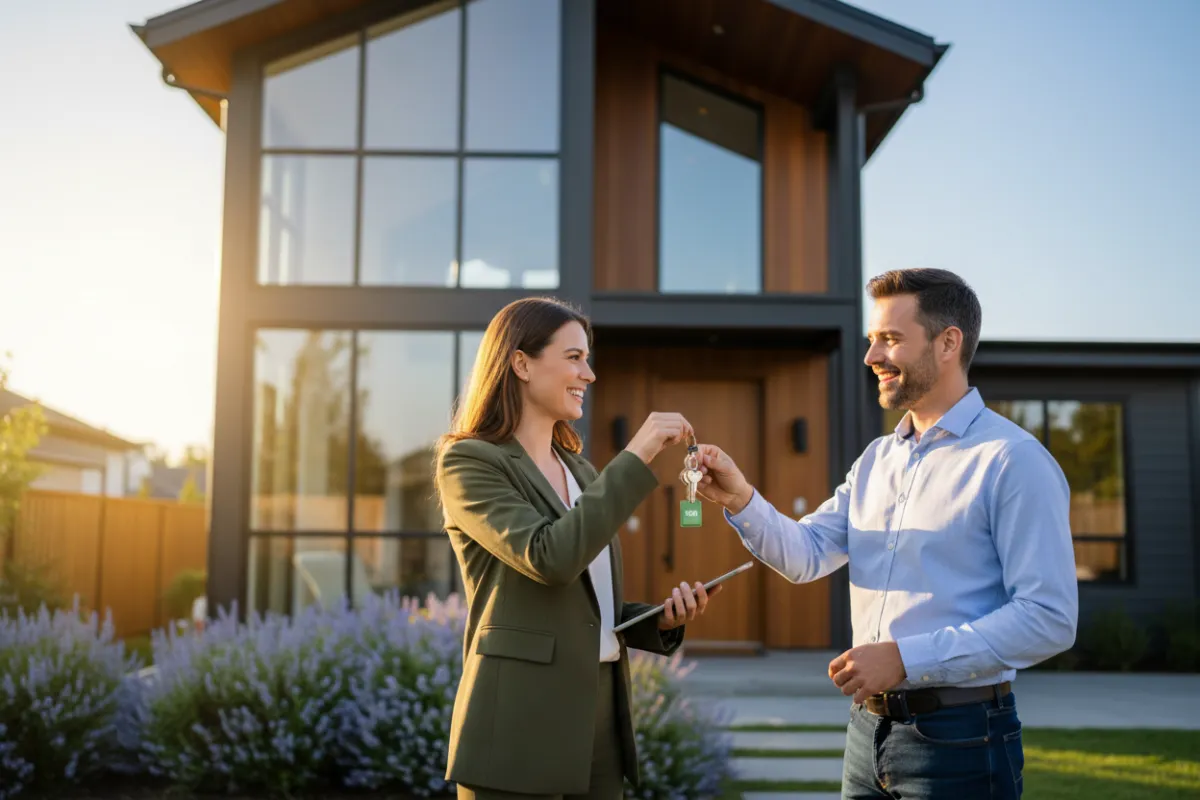 Real estate agent handing keys to client