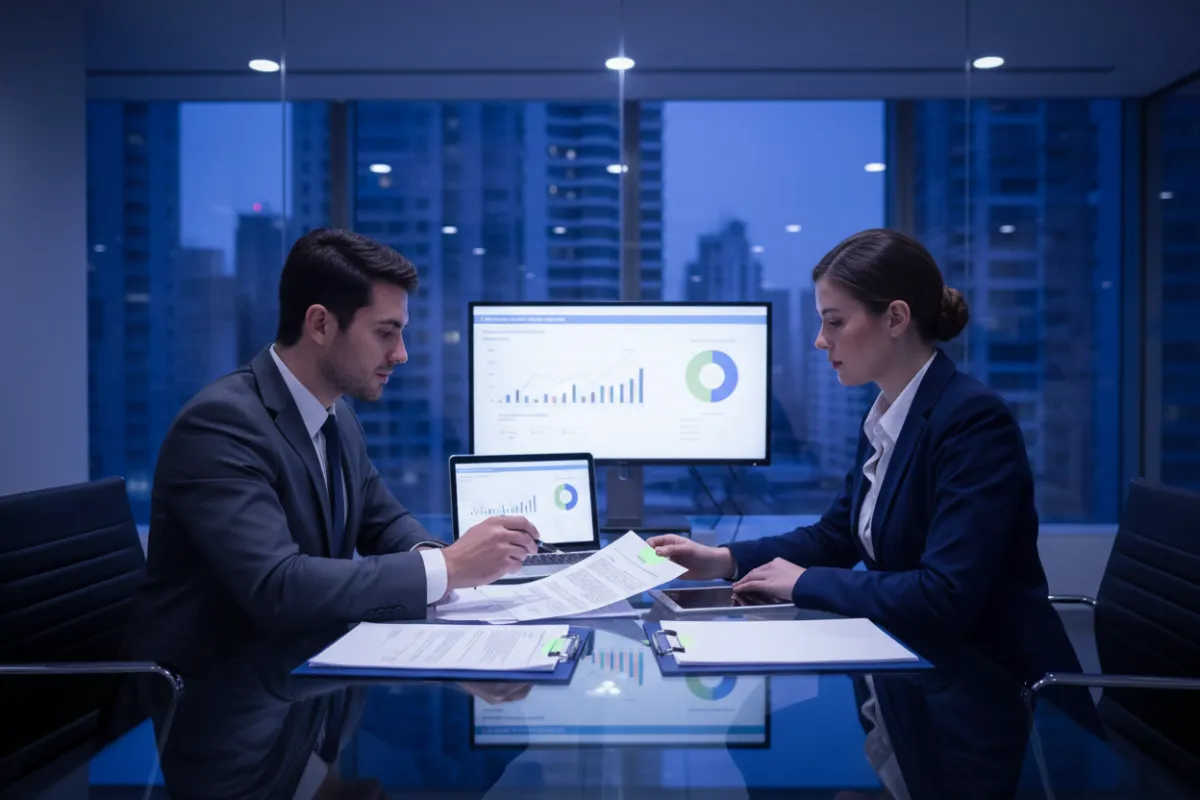 Lawyers and insurance professionals reviewing documents