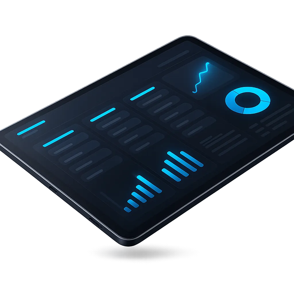 A sleek modern tablet displaying a structured CRM dashboard pipeline with high-contrast data charts