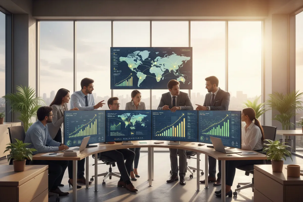 A photorealistic image of a modern Indian solar EPC office, with a team analyzing solar project data on digital screens, charts showing upward trends, and sunlight streaming through large windows, conveying innovation and business growth.