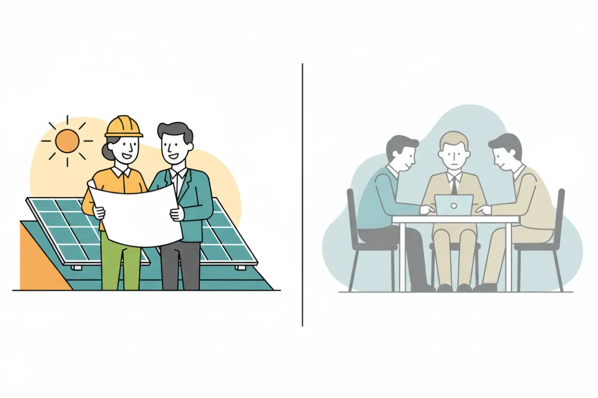 A flat vector scene split in two: on the left, confident solar business owners reviewing blueprints beside solar panels; on the right, a group of unrelated business people in muted tones, visually separated, indicating the distinction between target and non-target audiences.
