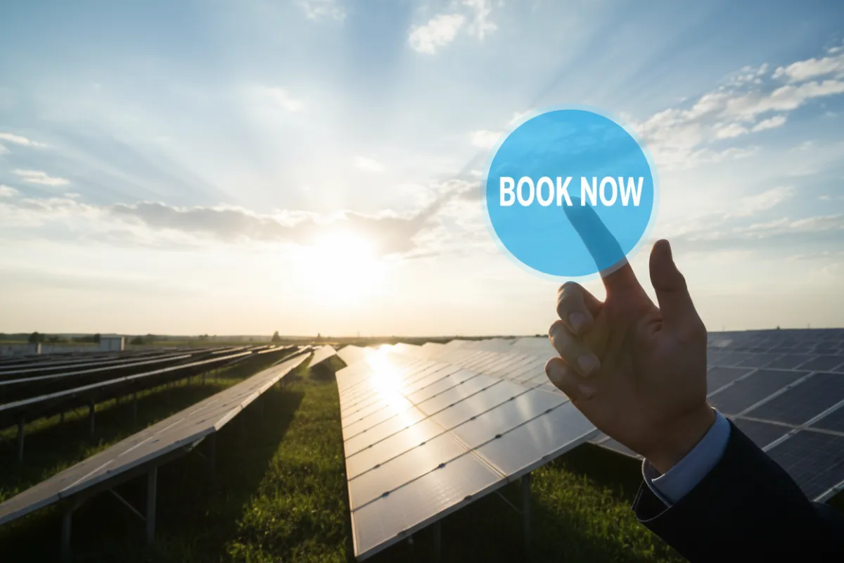 A conceptual photo of a hand reaching to press a large, illuminated 'Book Now' button, with solar panels and a bright sky in the background, symbolizing decisive action and opportunity in the solar sector.