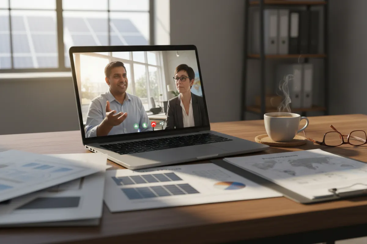 A realistic photo of a video call in progress, showing an Indian solar business owner on a laptop screen, engaged in a virtual meeting with a consultant, with solar project documents and a cup of chai on the desk.