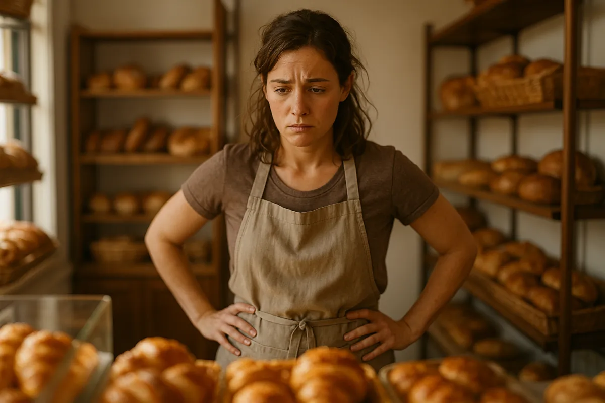Overwhelmed small bakery owner in storefront, photorealistic 3:2