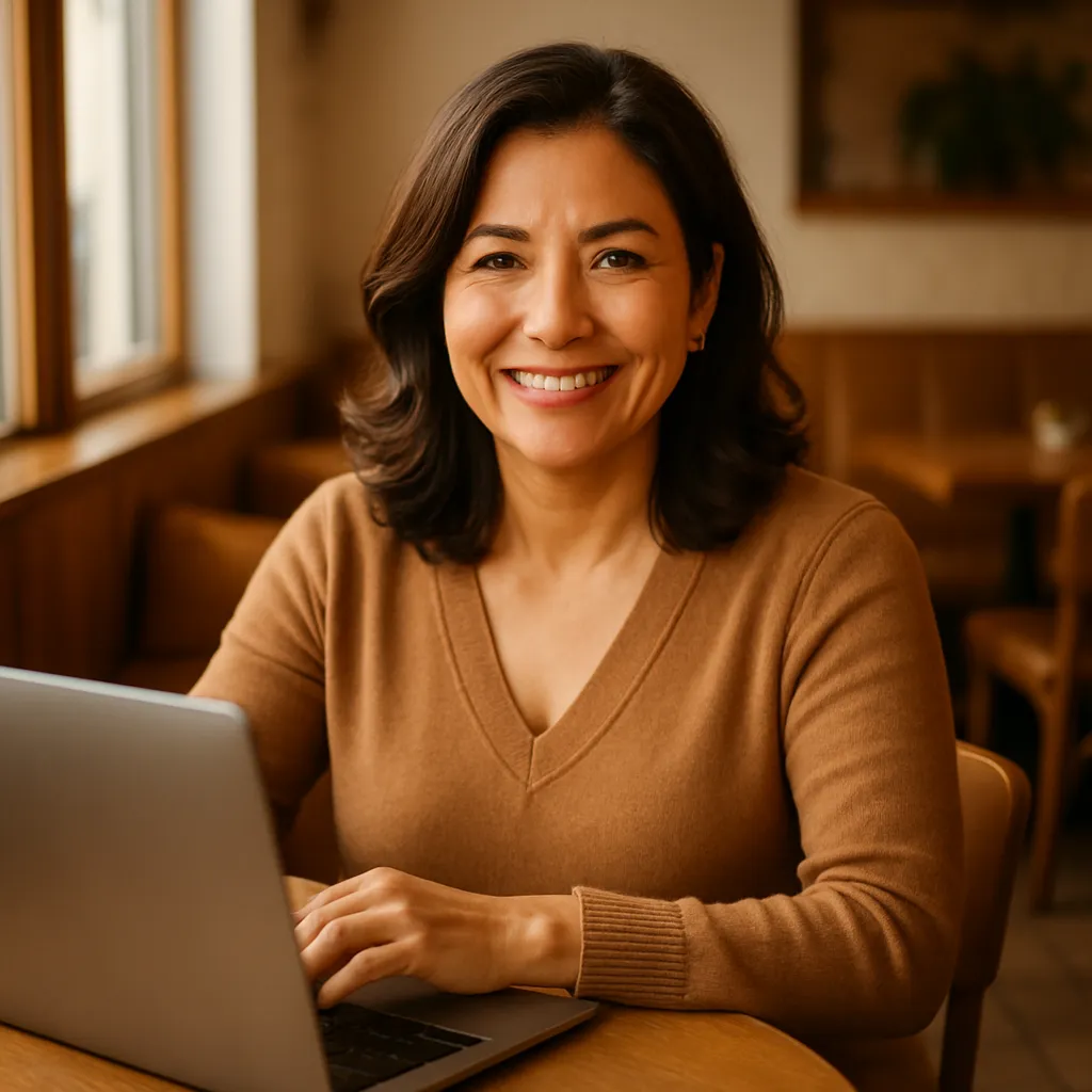 Smiling Hispanic woman at a cafe with a laptop