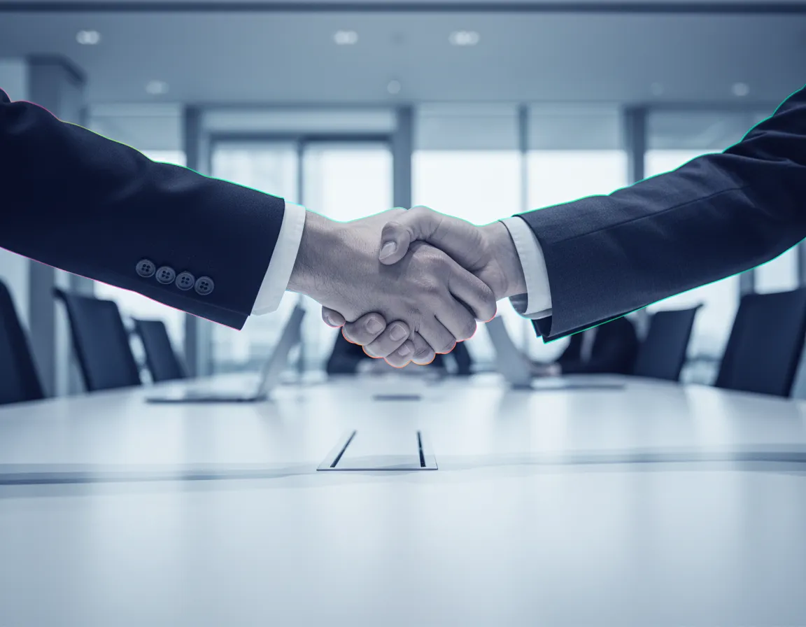 Desaturated, light blue washed business meeting indicating data sharing ecosystem
